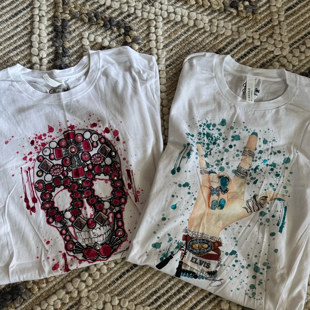 Bundle of Rhinestone Graphic Tees-Skull and Elvis Rock n Roll Fingers
